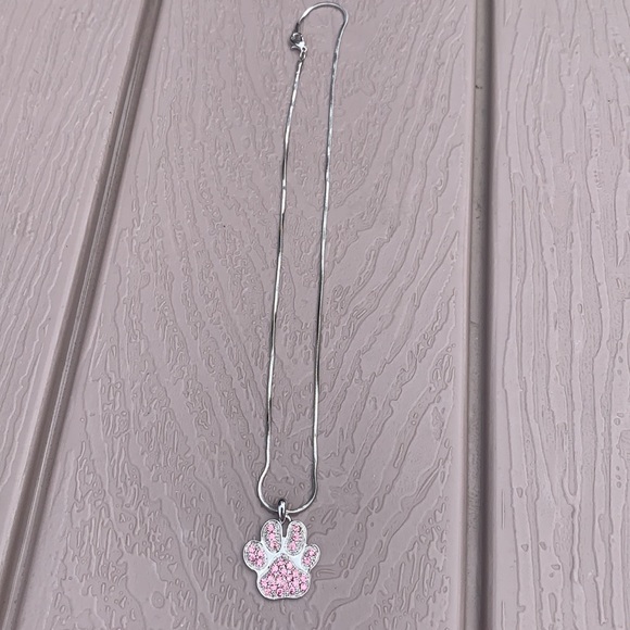 New Rhodium Plated Paw Necklace with Pink Crystals - Picture 6 of 6